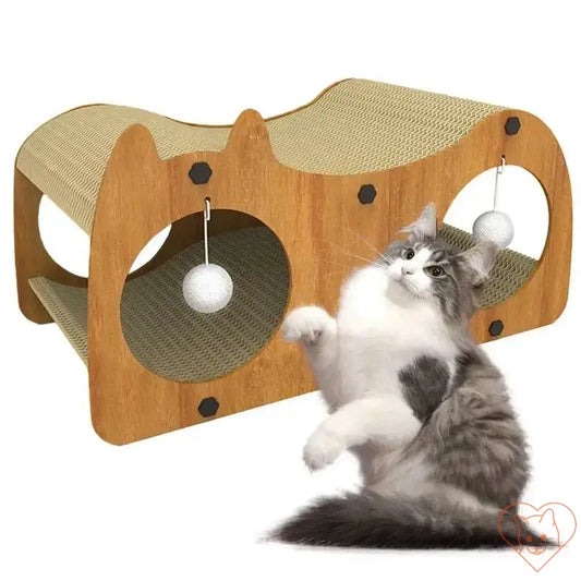 Cat playing with a cat scratcher tunnel and play house designed for indoor entertainment and furniture protection.