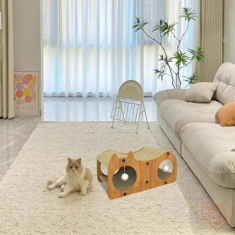 Cat playing near a wooden scratcher tunnel in a stylish living room with a cozy atmosphere.