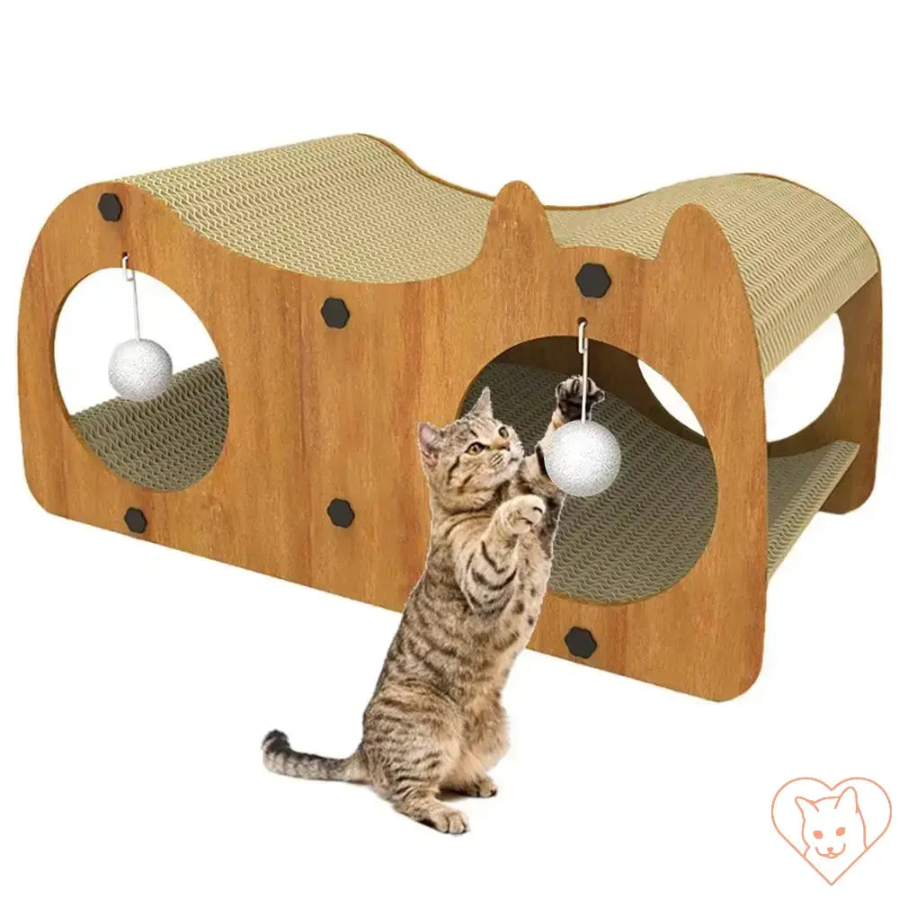 Cat playing with a multi-purpose scratcher tunnel and play house, designed for indoor relaxation and entertainment.