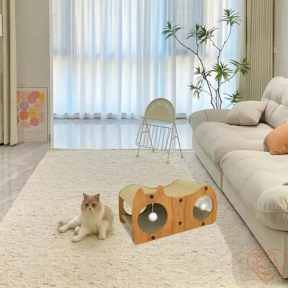 Cat Scratcher Tunnel & Play House in modern living room with cat lounging nearby.