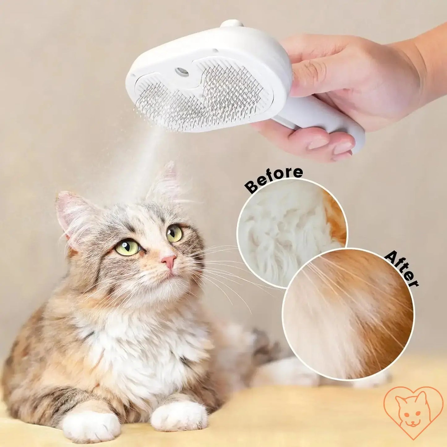 Cat Spray Grooming Comb in use, misting cat's coat with before and after images showing smooth, shiny fur.