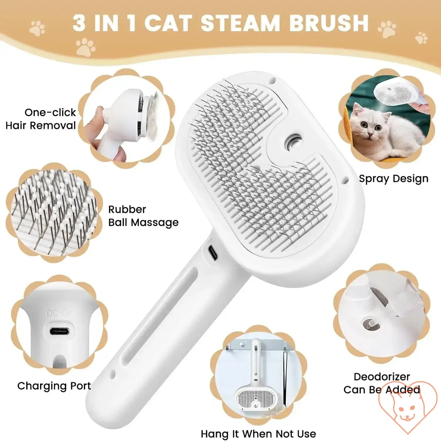 3-in-1 Cat Steam Brush with spray design, hair removal, and massage features for easy grooming.