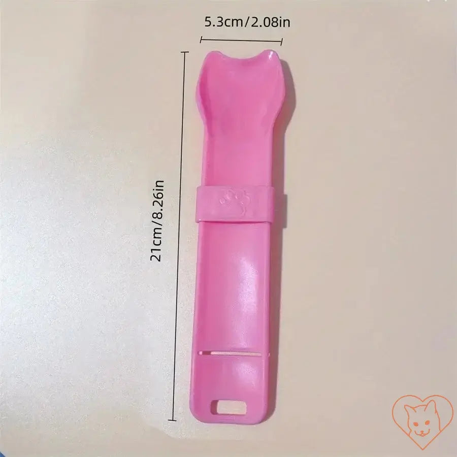 Pink cat strip feeder measuring 21cm x 5.3cm, designed for lickable wet cat treats.