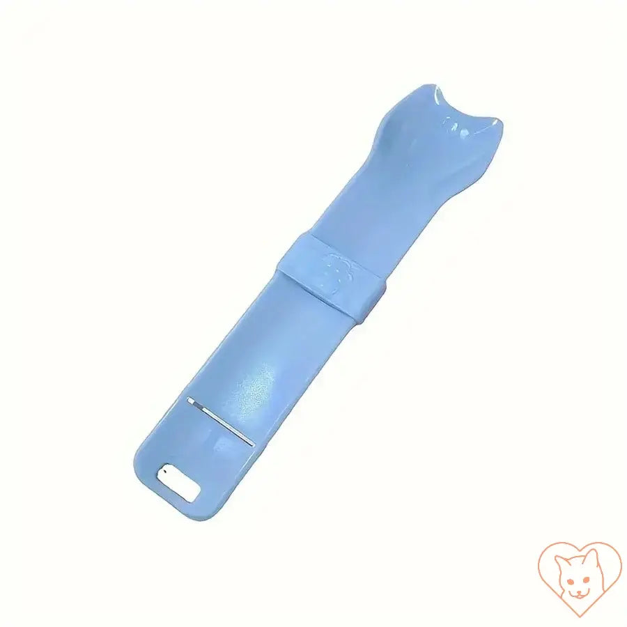 Blue plastic cat strip squeeze spoon for feeding lickable wet cat treats efficiently.