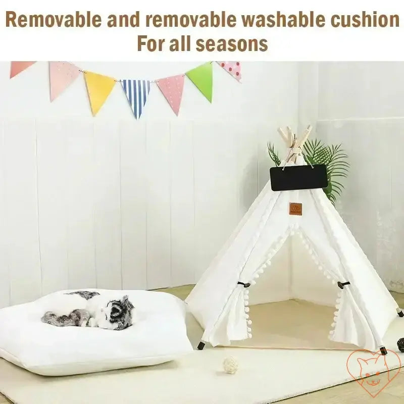 Cozy cat teepee tent with plush washable cushion for all seasons and playful decor.