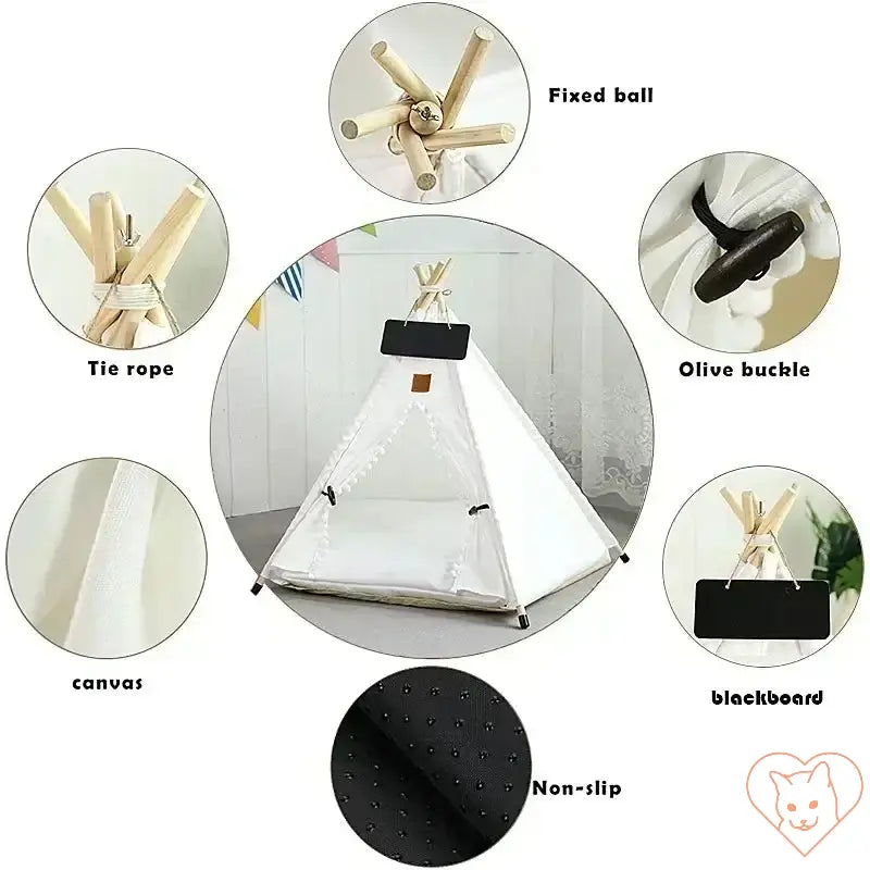 Features of the Cat Teepee Tent, including wooden poles, canvas, and non-slip base for feline comfort.