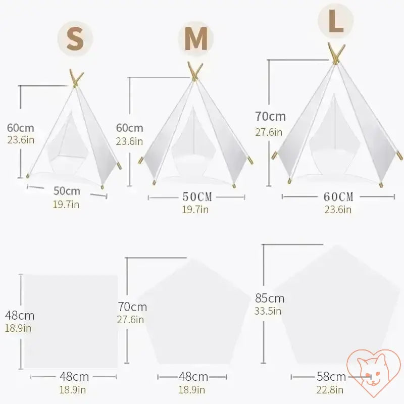 Size chart for Cat Teepee Tent: Small, Medium, and Large dimensions with measurements in cm.