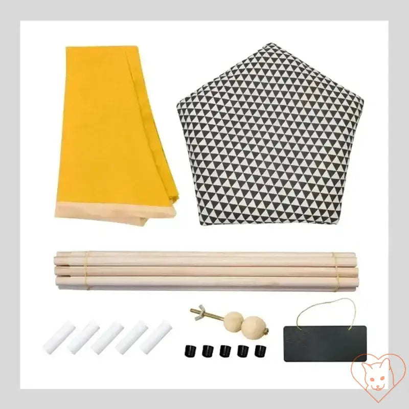 Cat Teepee Tent components including fabric, wooden poles, and decor for a cozy pet hideaway.