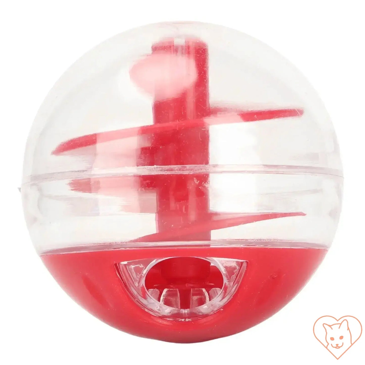 Cat treat dispensing ball toy in red and clear, promoting interactive play and healthy eating for cats.