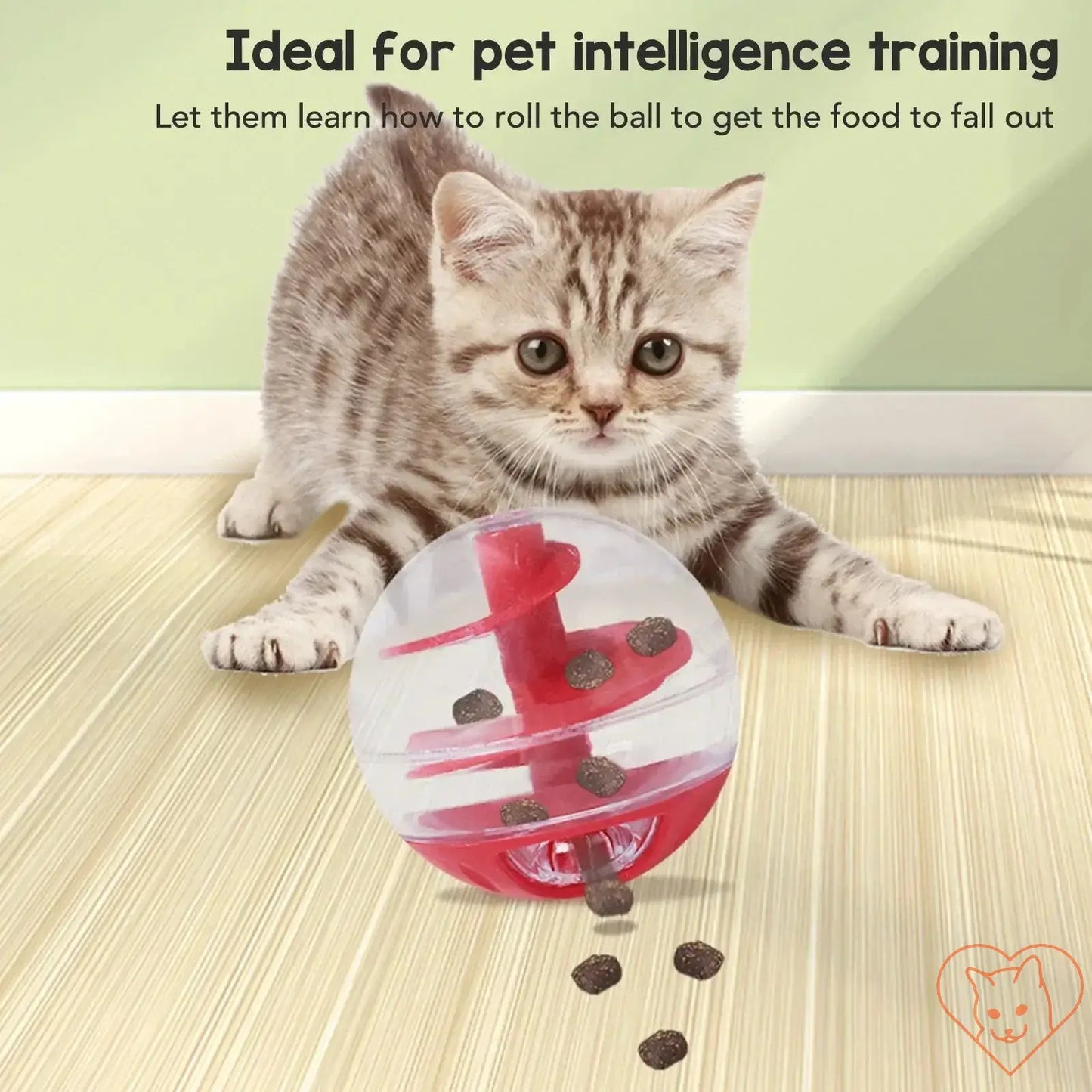 Cat playing with interactive treat dispensing ball, promoting intelligence and healthy eating habits.