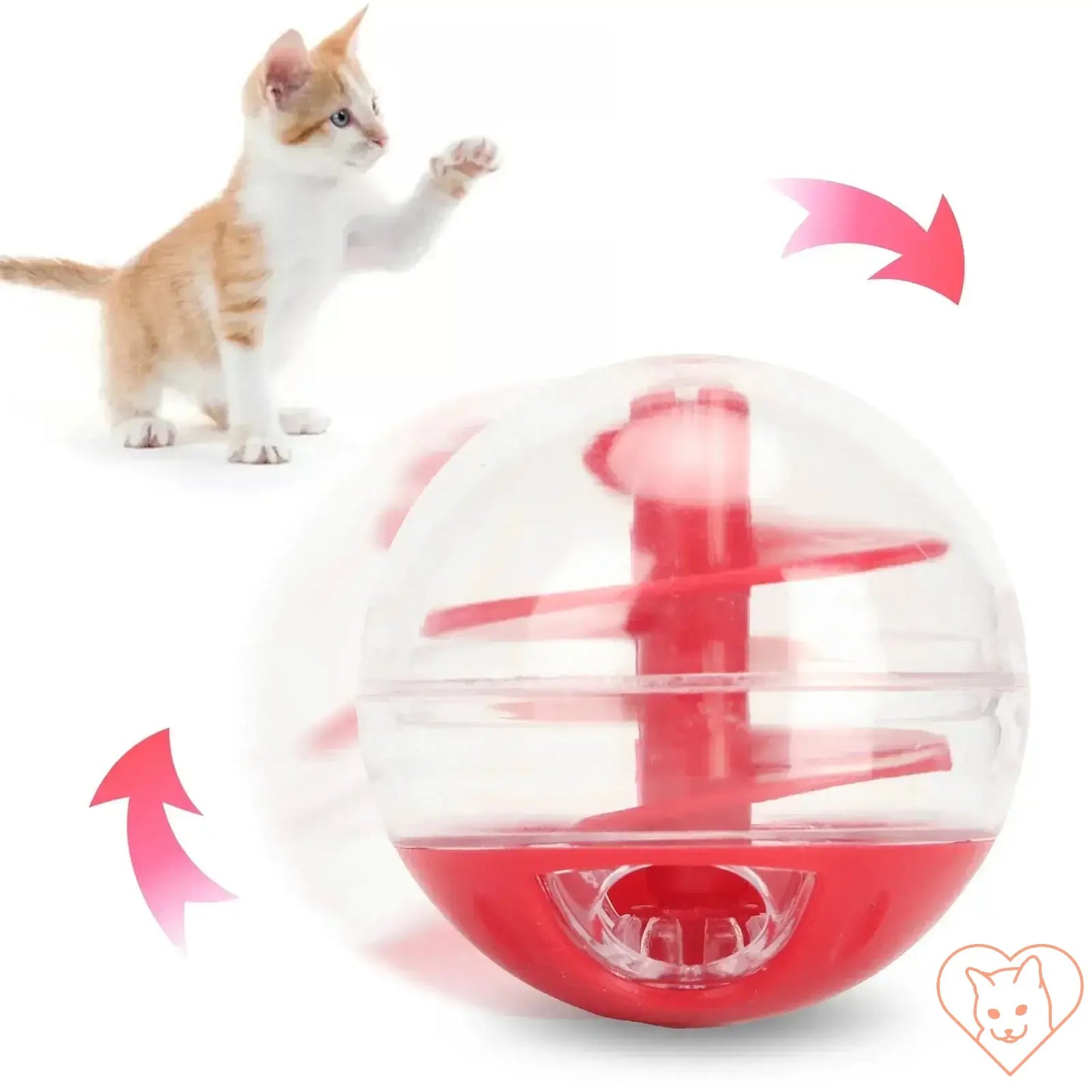 Cat playing with a red and clear treat dispensing ball puzzle toy for interactive feeding and mental stimulation.