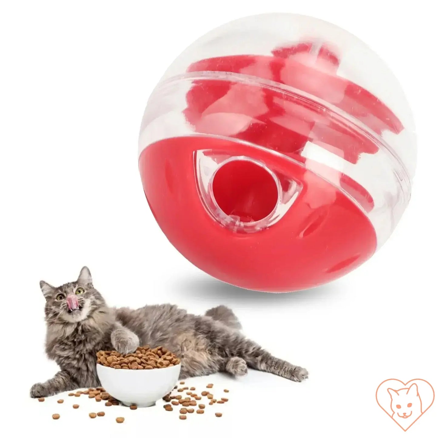 Interactive cat treat dispensing ball with a playful cat enjoying food, promoting healthy eating and exercise.