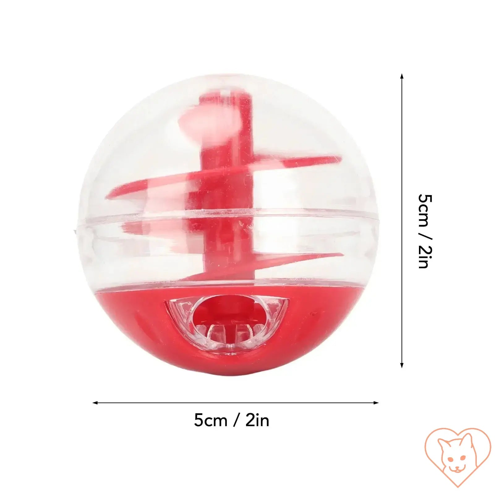 Cat treat dispensing ball in red and clear plastic, interactive slow feeder toy for feline engagement.