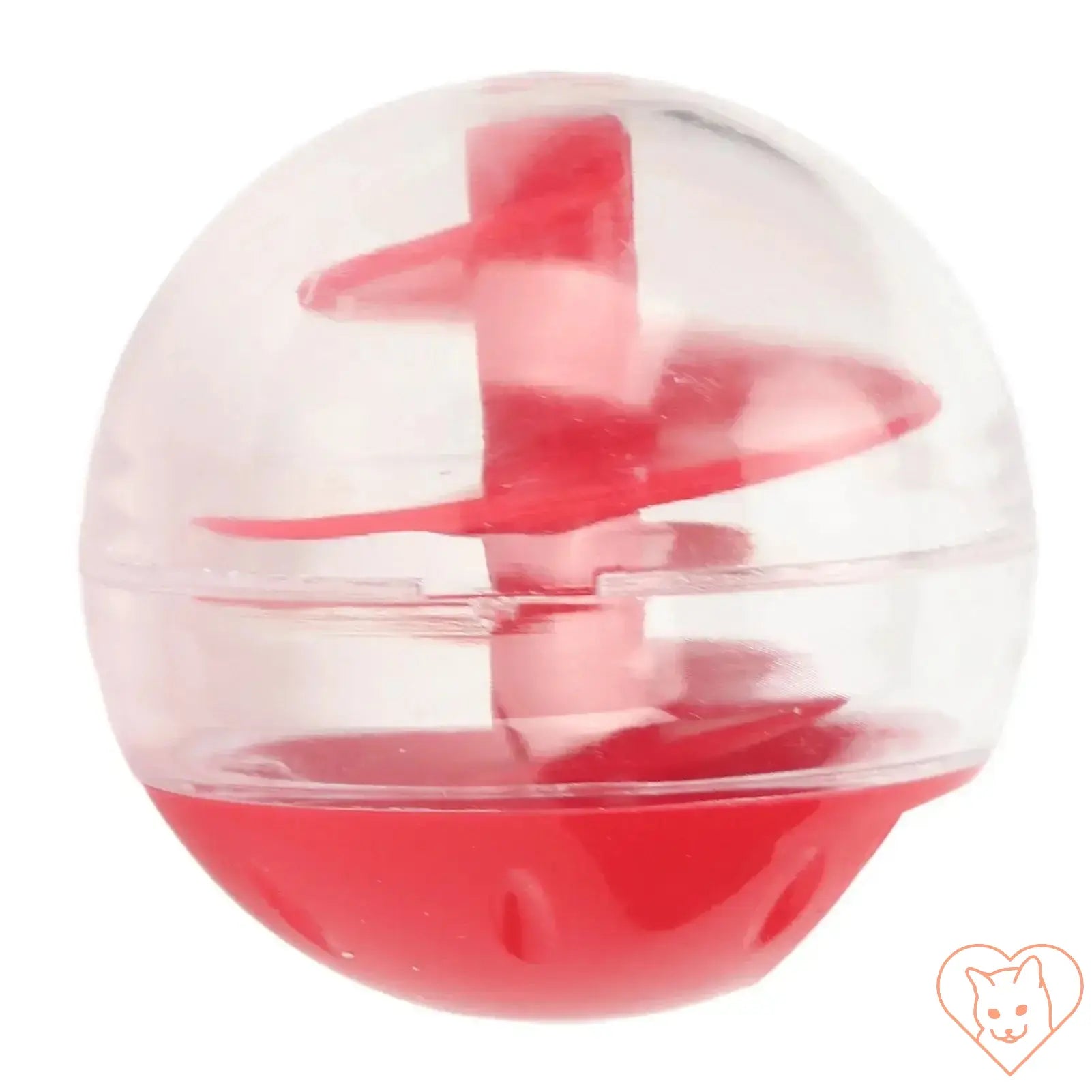 Cat treat dispensing ball in clear and red design, promoting interactive play and healthy eating for cats.