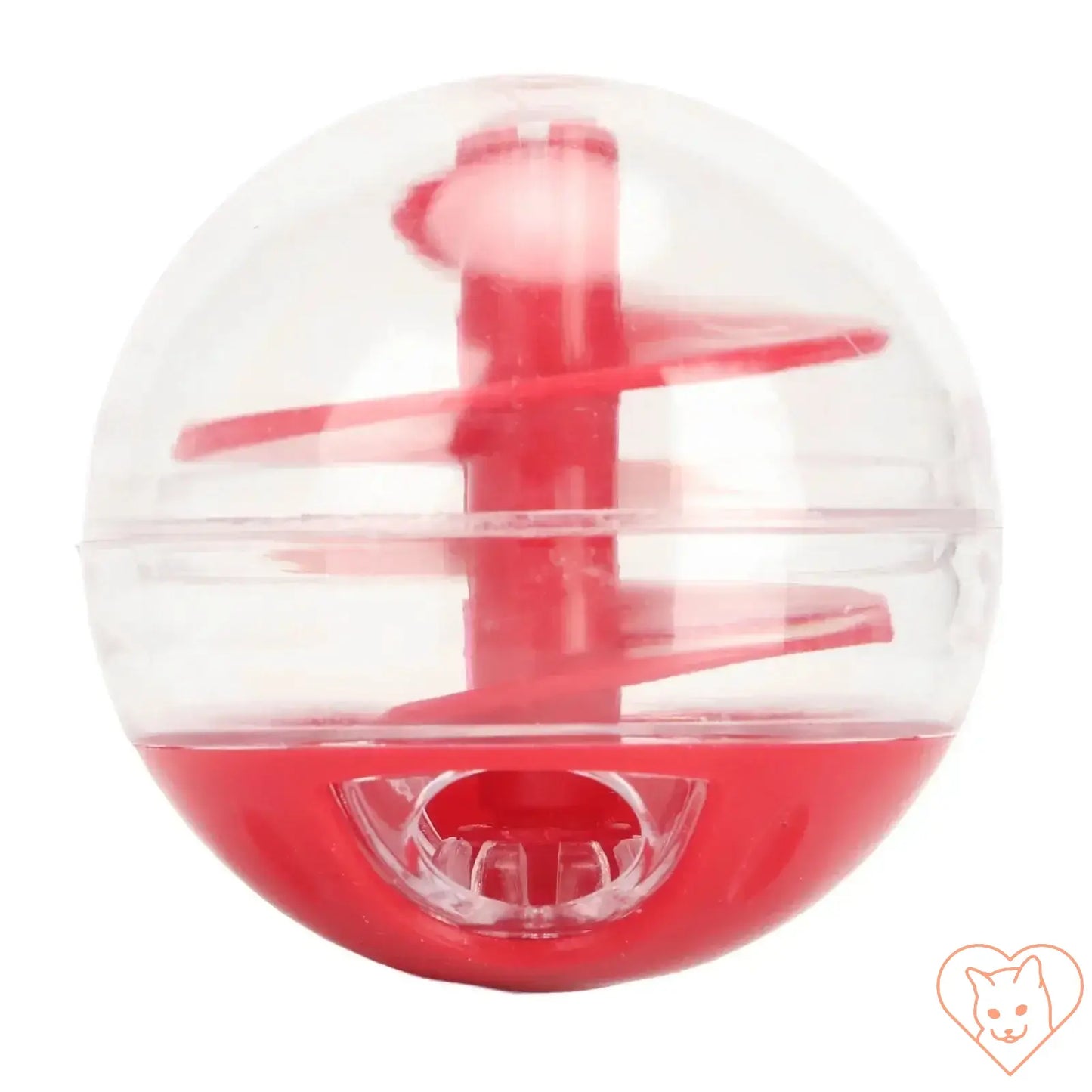 Cat treat dispensing ball in red and clear, designed as an interactive slow feeder puzzle toy for engaging playtime.