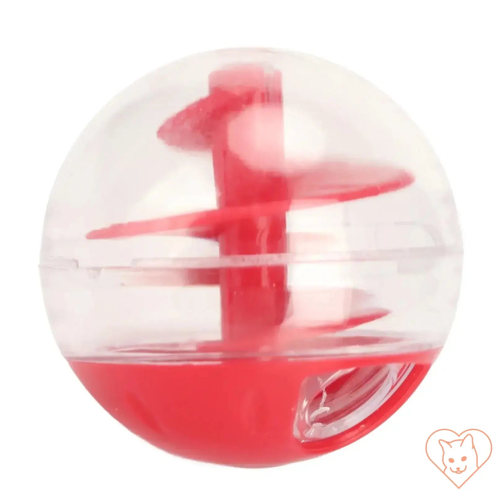 Interactive Cat Treat Dispensing Ball, red and clear plastic toy for engaging slow feeding and mental stimulation.