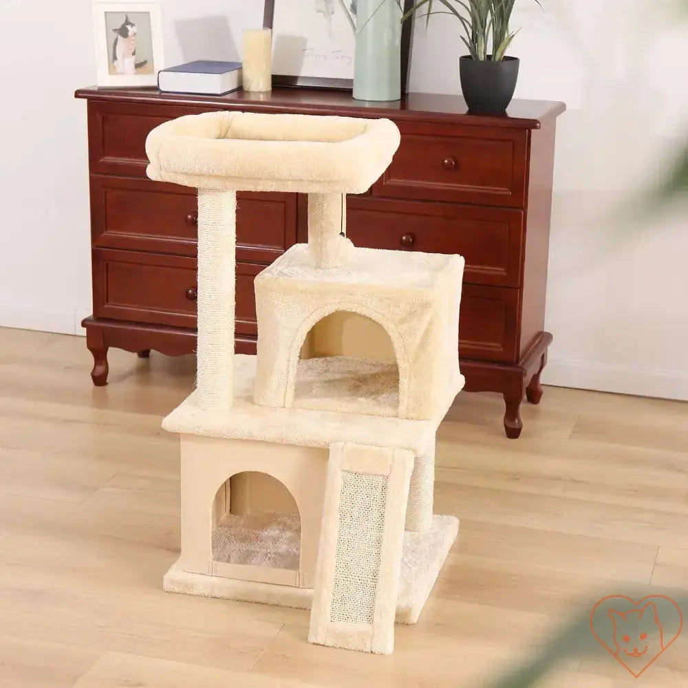 Multi-level cat tree house tower with scratching posts and hammock for climbing and lounging.