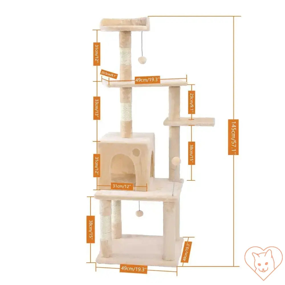 Cat tree house tower dimensions with multi-level design, scratching posts, and condo features, ideal for cats.