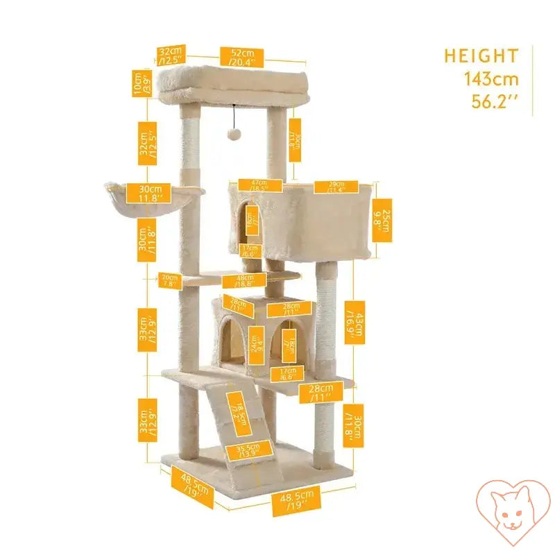 Cat Tree House Tower dimensions and features highlighted on a multi-level condo with scratching posts.