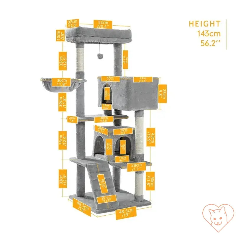 Cat tree house tower dimensions, multi-level condo with scratching posts, perfect for climbing and lounging.