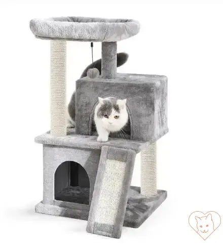 Cat Tree House Tower in grey, featuring multiple levels, scratching posts, and a playful cat peeking out.