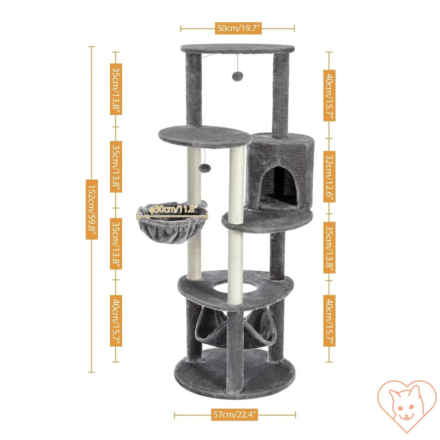 Multi-level cat tree house tower with scratching posts, hammock, and condo for climbing and lounging.