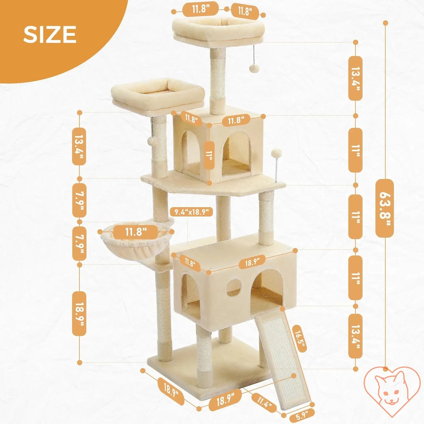 Size dimensions of the Cat Tree House Tower with multi-level condo and scratching posts for cats.