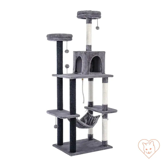 Cat tree house tower with multiple levels, hammock, and scratching posts in grey color for pets.