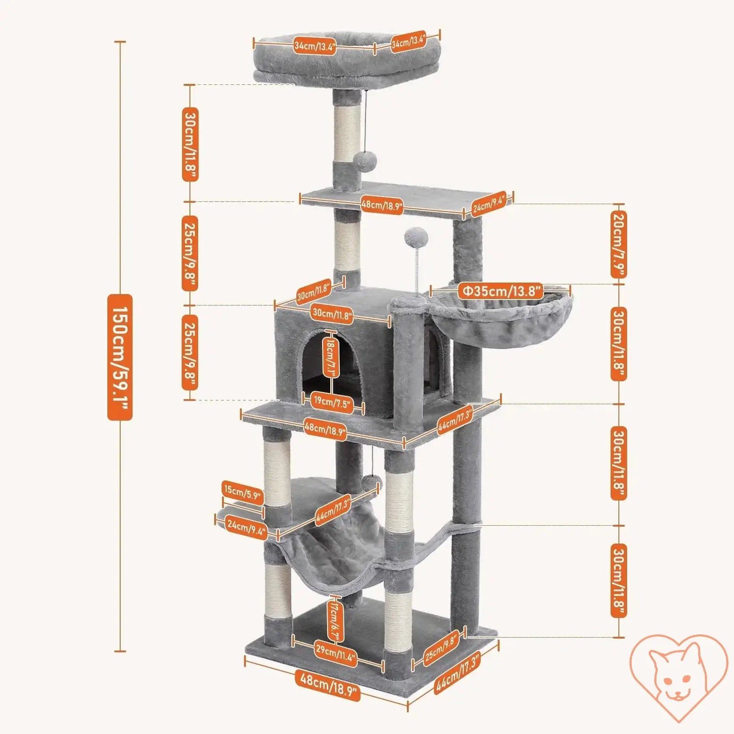 Cat Tree House Tower dimensions, multi-level condo with scratching posts, hammock, and ladder for playful cats.