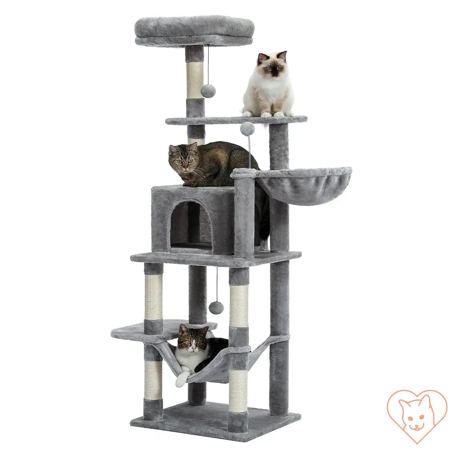 Multi-level cat tree house tower in gray with three cats lounging, scratching posts, and hammock for climbing and play.