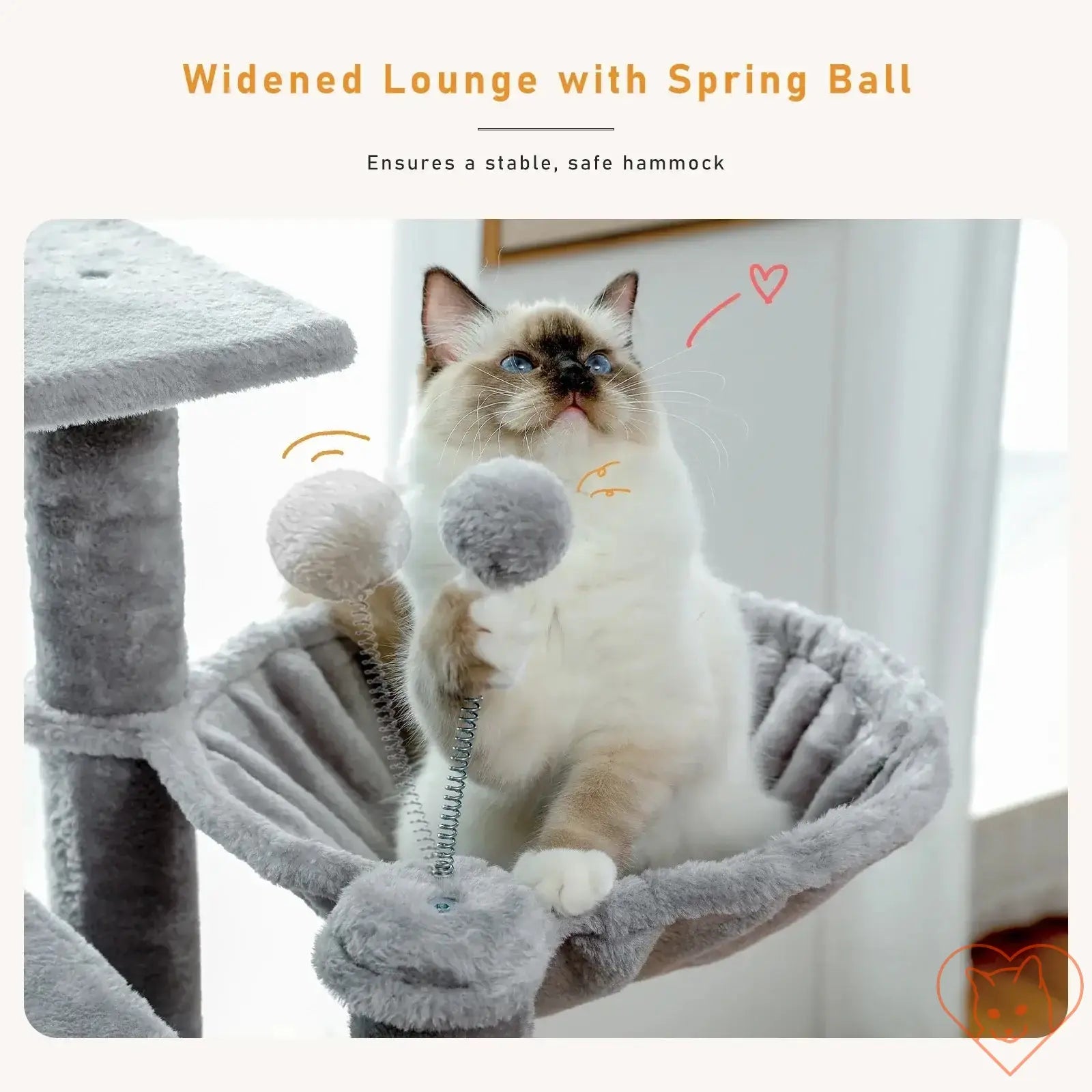 Playful cat in a widened lounge with spring ball on a cozy cat tree ensuring a stable hammock.