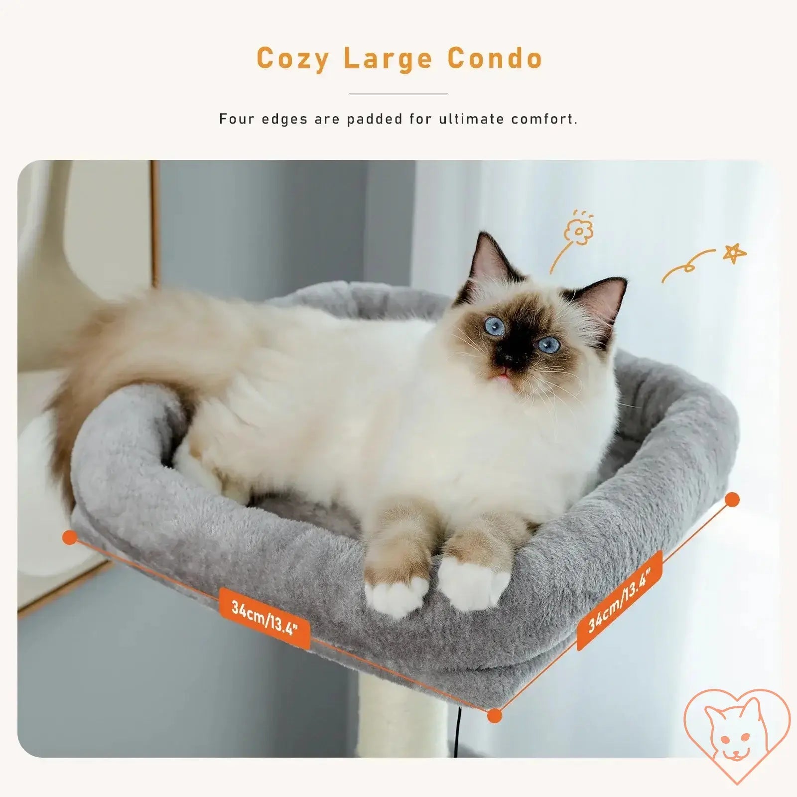 Cozy large cat condo with padded edges, perfect for lounging, featuring a beautiful cat resting comfortably.