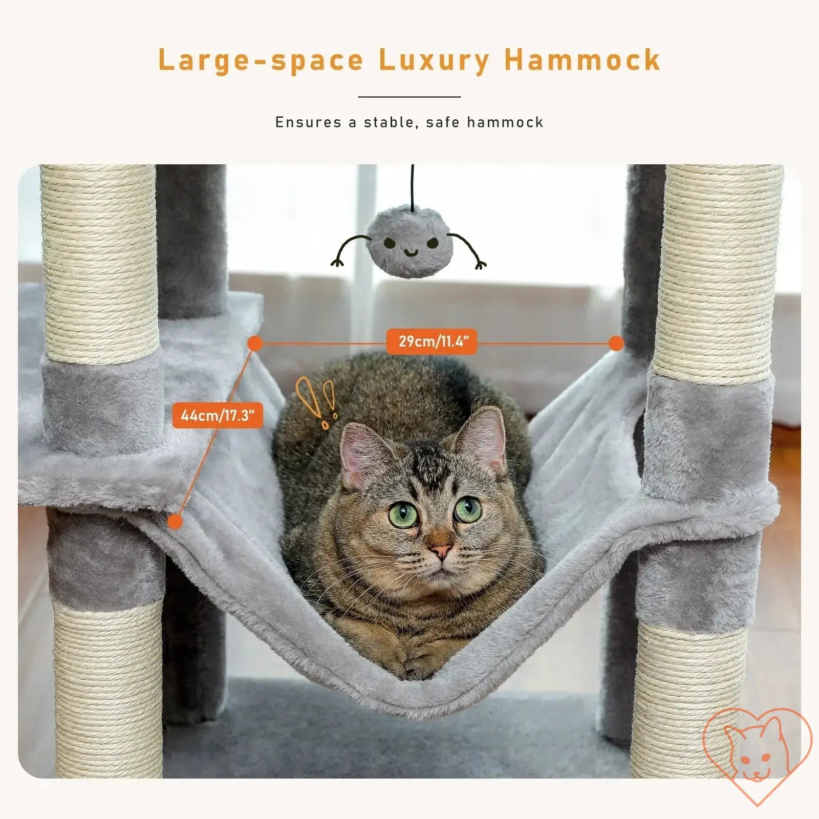 Large-space luxury hammock in cat tree house tower with a relaxed cat lounging comfortably.