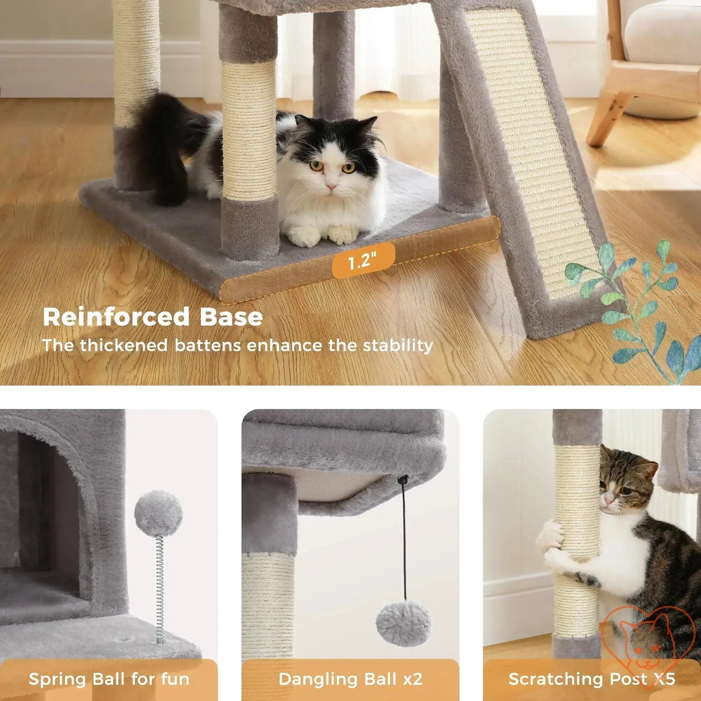 Cat Tree House Tower features a reinforced base, scratching posts, and playful accessories for your feline friend.