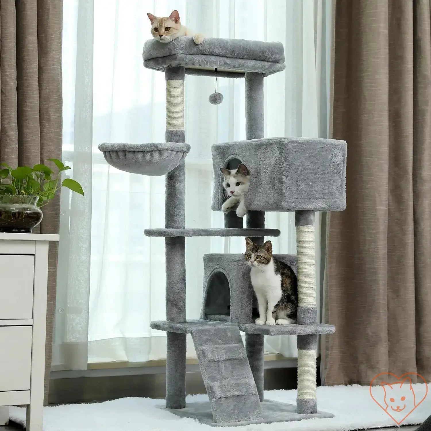 Cat Tree House Tower with two cats lounging and climbing, featuring multiple levels and scratching posts for playful felines.