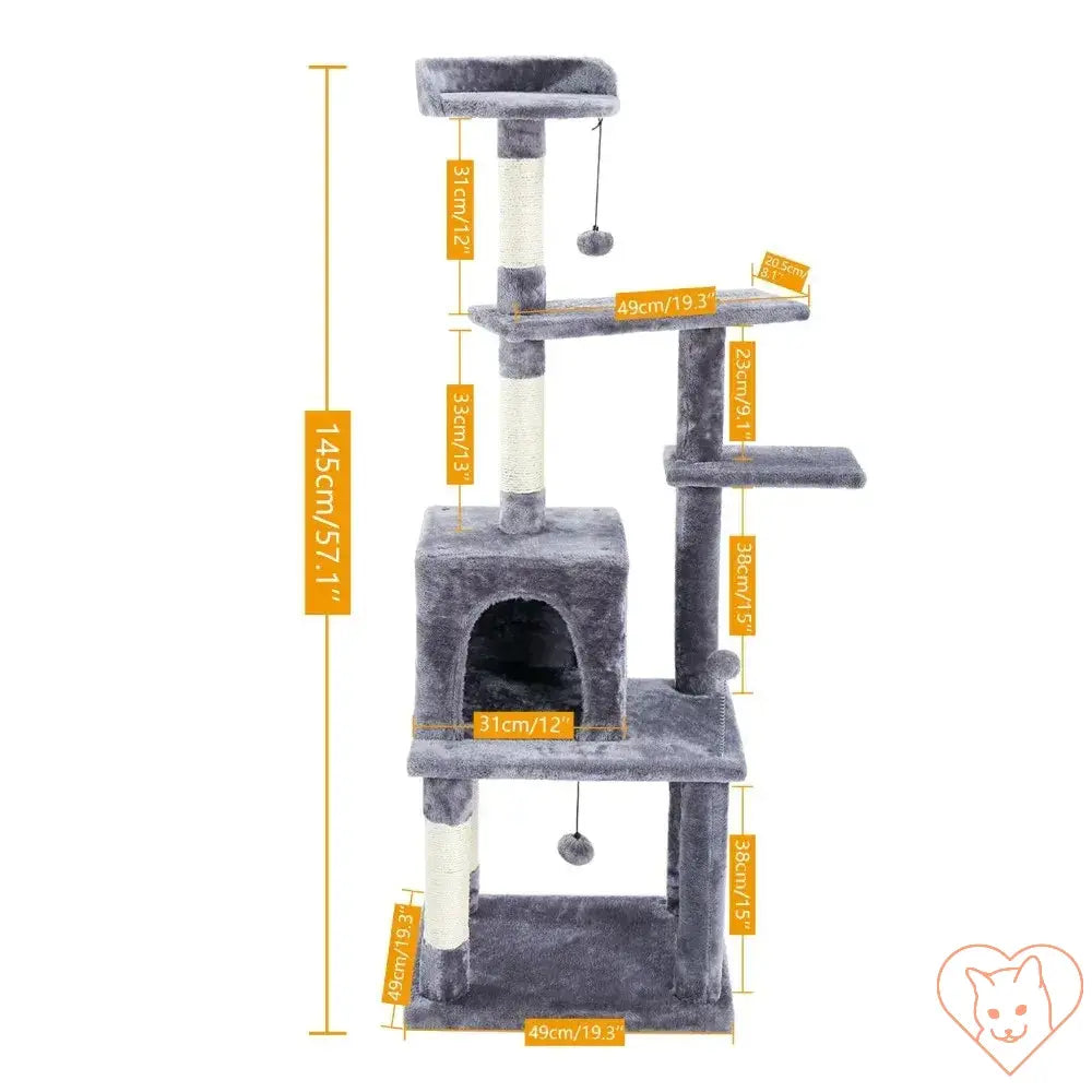 Multi-level cat tree house tower with scratching posts and hammock, perfect for feline play and lounging.