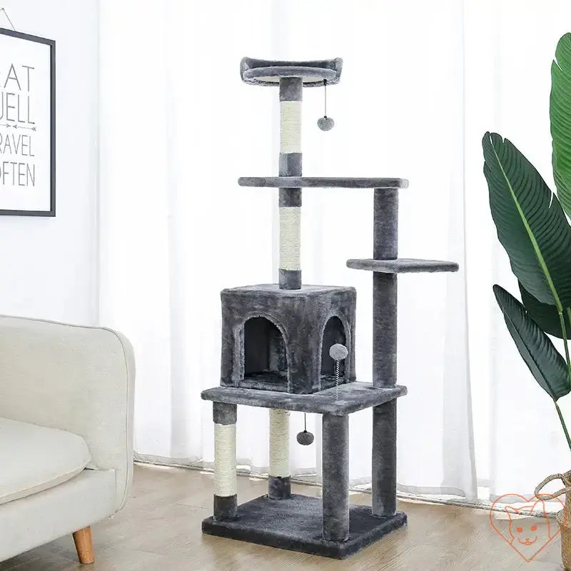 Cat tree house tower in gray, featuring condos, scratching posts, and multiple levels for feline play and relaxation.