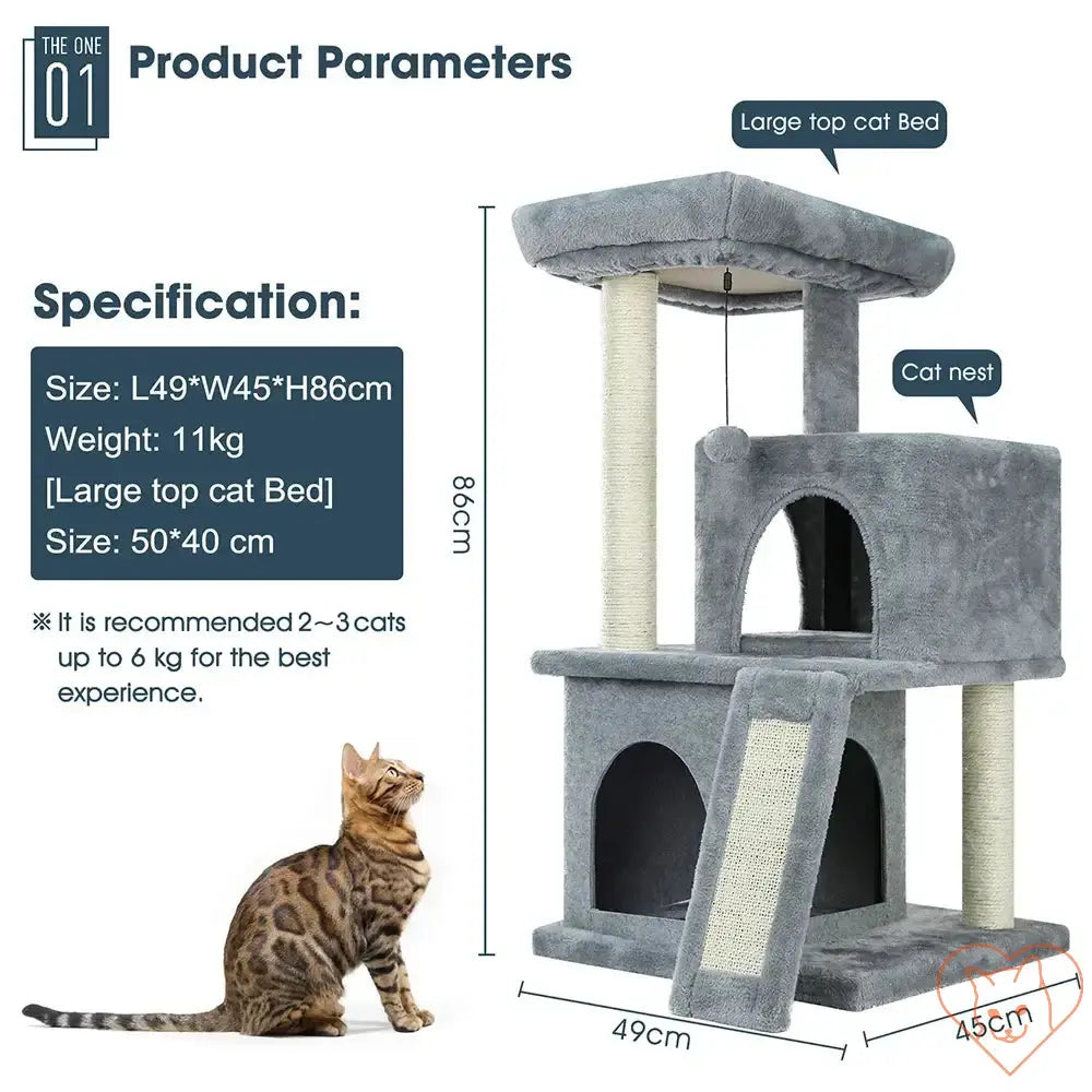 Multi-level cat tree house tower with scratching posts and a comfortable hammock for feline play.