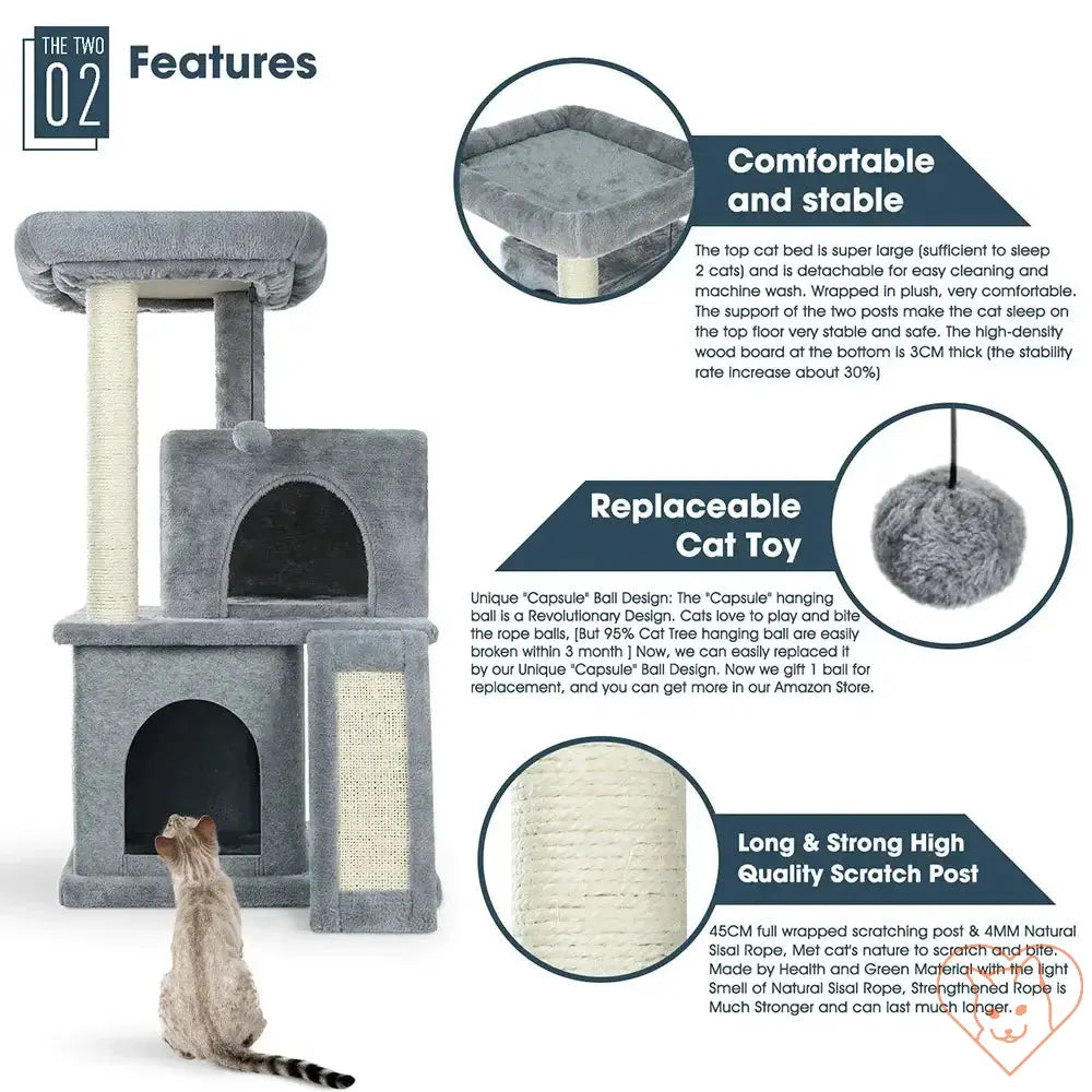 Cat tree house tower with scratching posts, comfortable features, and replaceable ball toy for feline play.