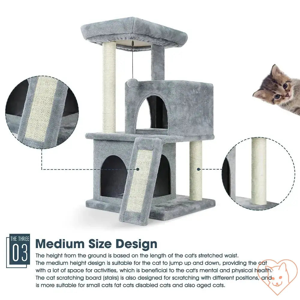 Medium Cat Tree House Tower with scratching posts, hammock, and cozy condo for climbing and lounging.