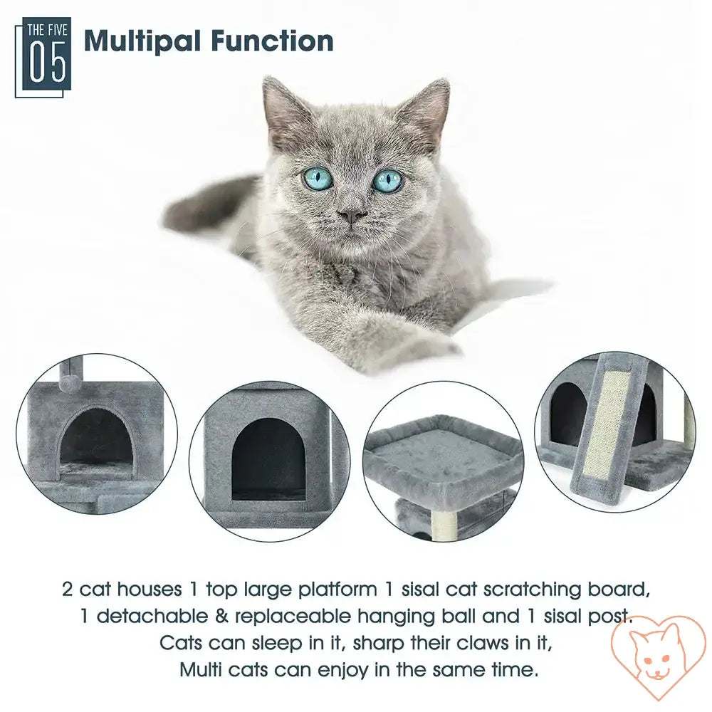 Gray cat rests beside multi-functional cat tree featuring scratch board, houses, and a platform for climbing.