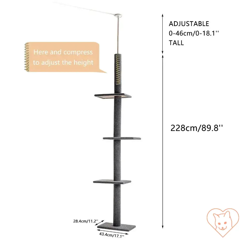 Adjustable cat tree house tower with three tiers, height 0-228cm, designed for climbing and scratching.