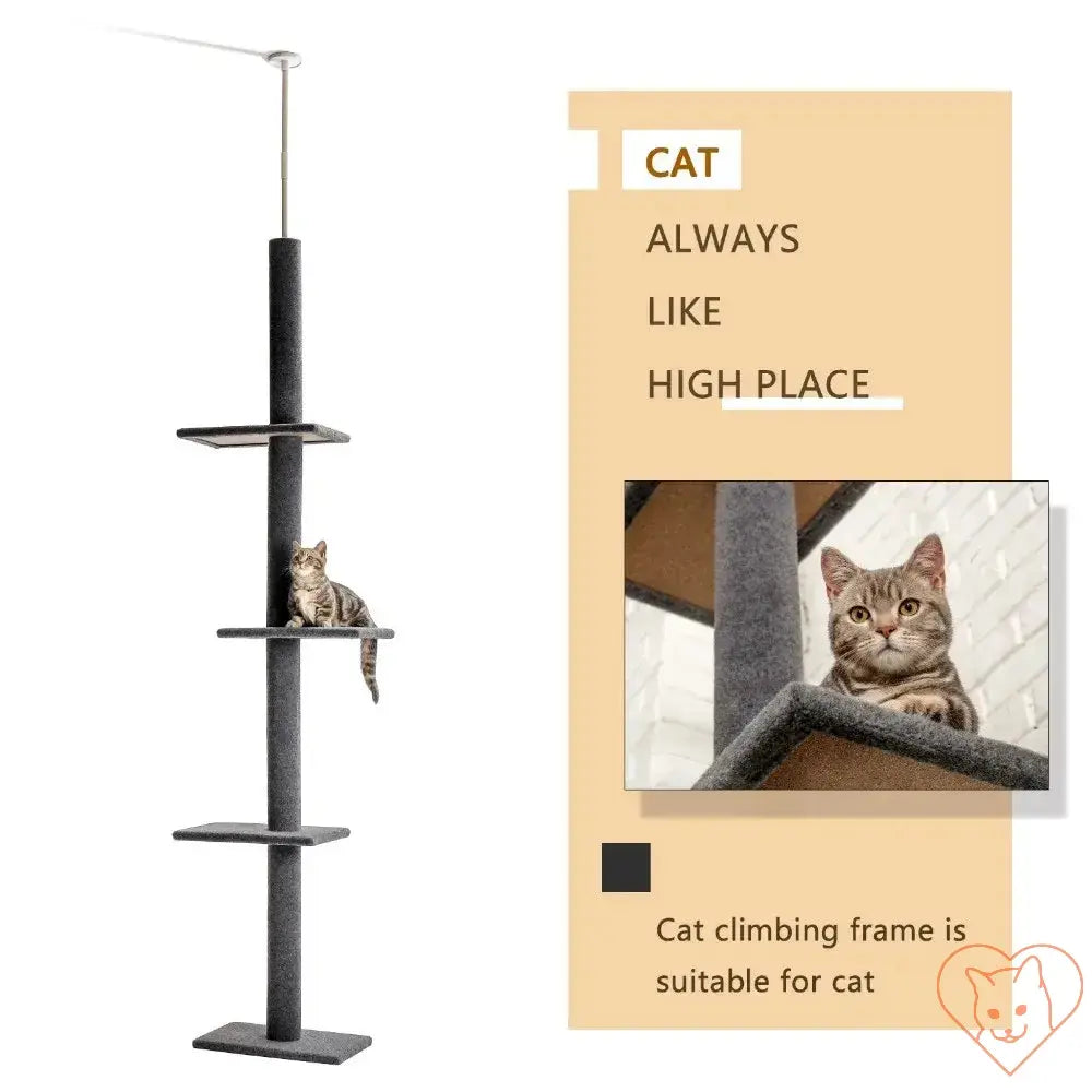 Cat climbing frame with multiple levels and a cat lounging on a platform, perfect for feline play and relaxation.