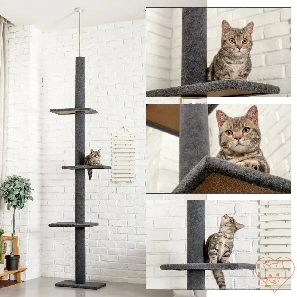 Multi-level cat tree house tower with a playful cat, featuring scratching posts and cozy platforms.