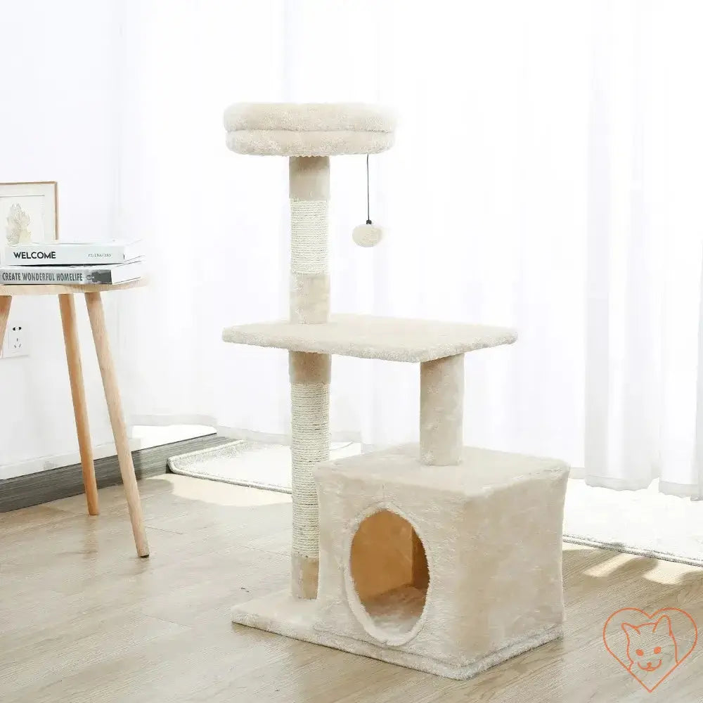 Cat tree house tower with multiple levels and scratching posts ideal for feline play and relaxation.