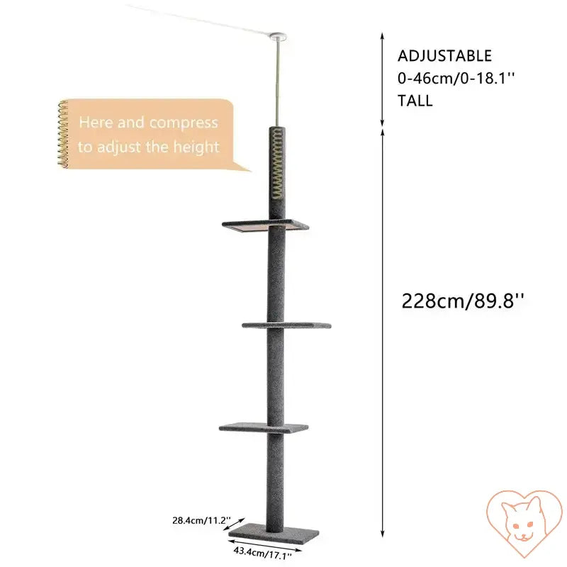 Adjustable Cat Tree House Tower with multiple shelves, height 0-18.1 inches, ideal for climbing and scratching.