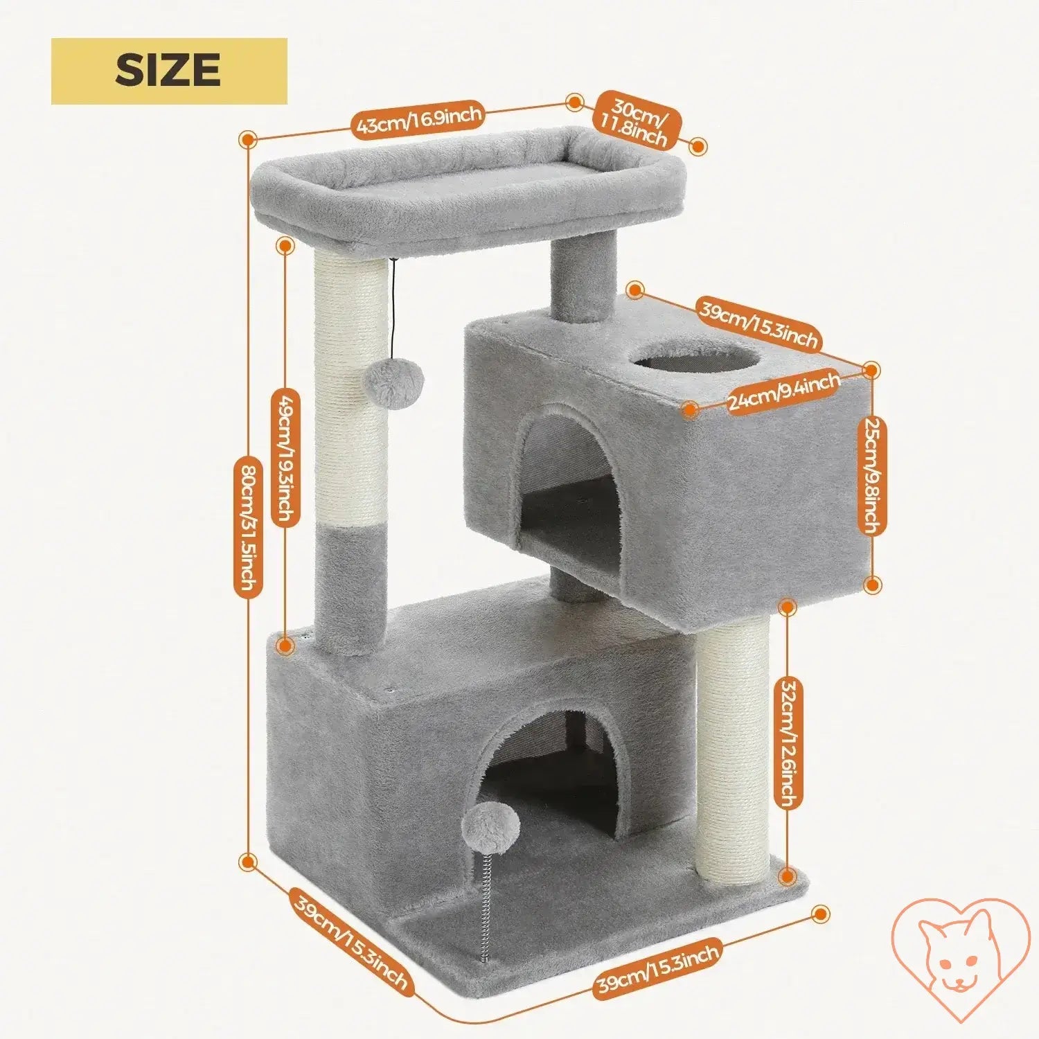 Dimensions of a large cat tree with two condos, scratching posts, and a spacious perch for indoor cats.