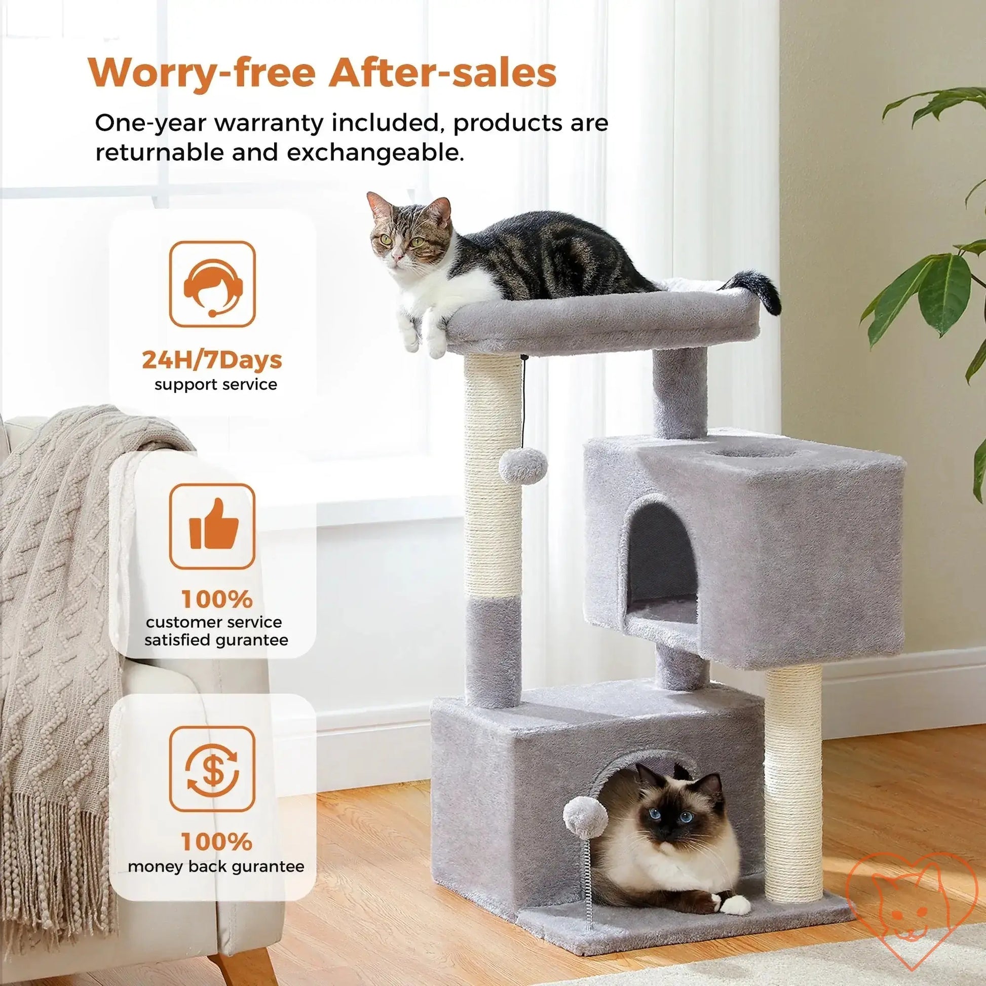 Cat tree for large cats featuring two condos, scratching posts, and happy cats relaxing.