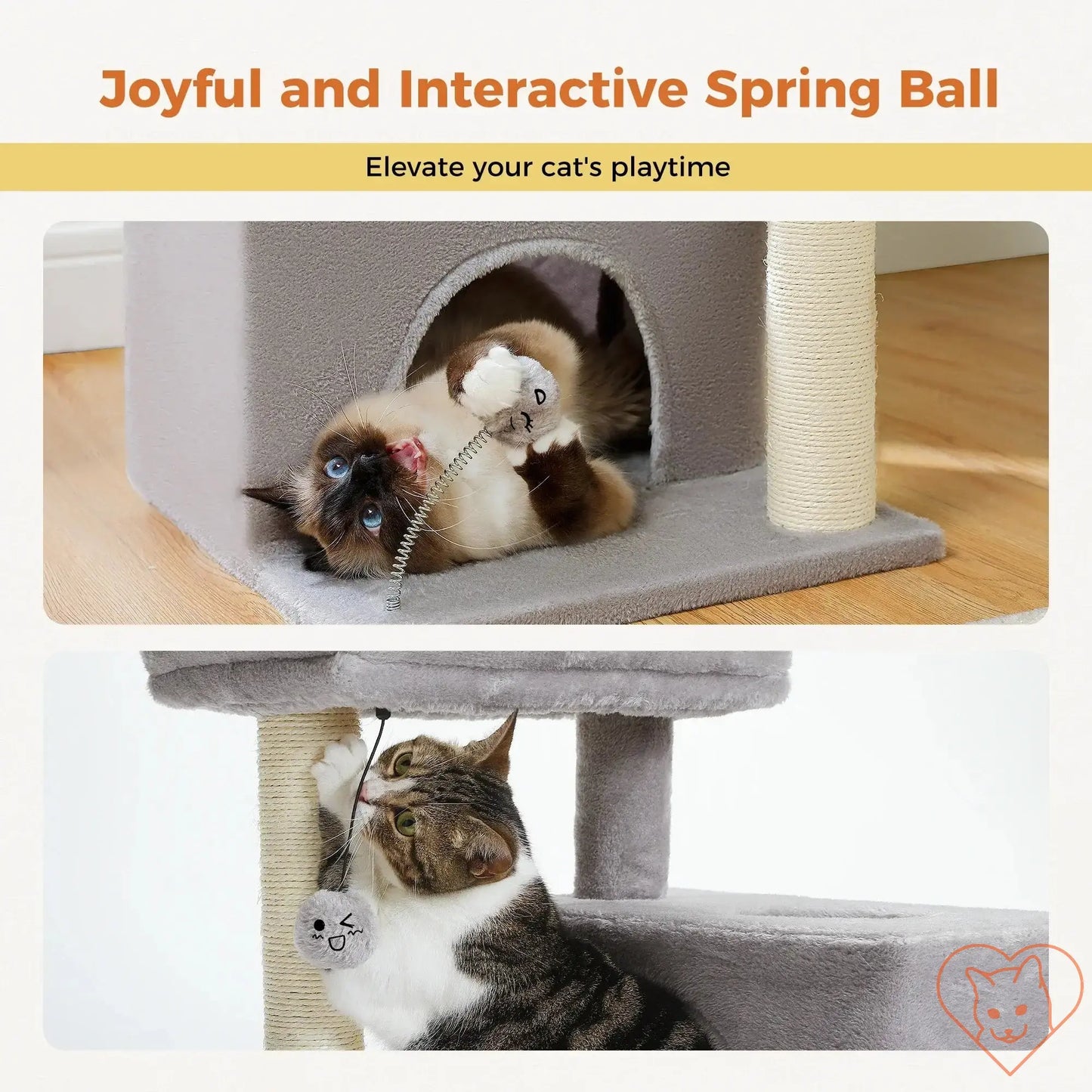 Cats playing with interactive spring ball on a spacious cat tree, enhancing their playtime and enjoyment.