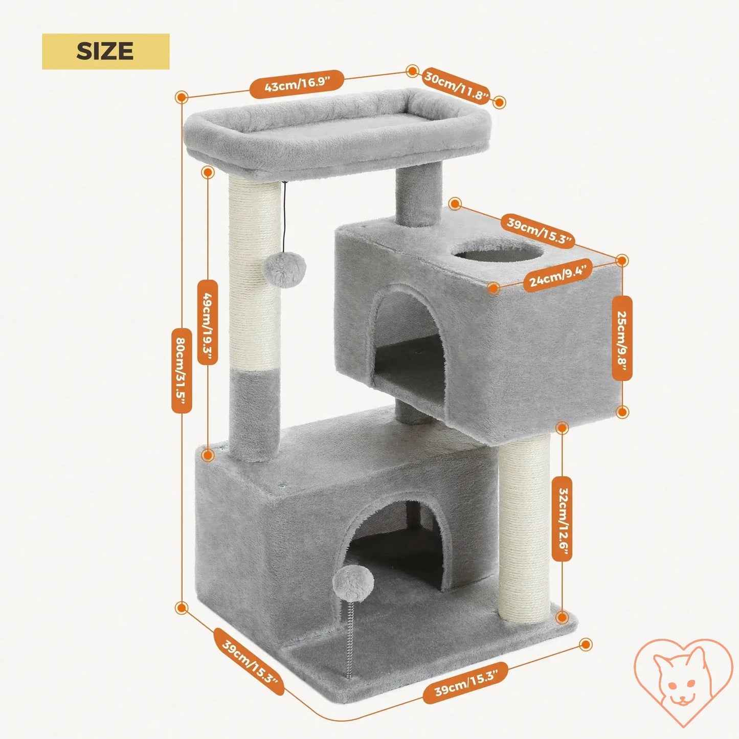 Dimensions of Cat Tree for Large Cats, showing size details and features including condos and scratching posts.